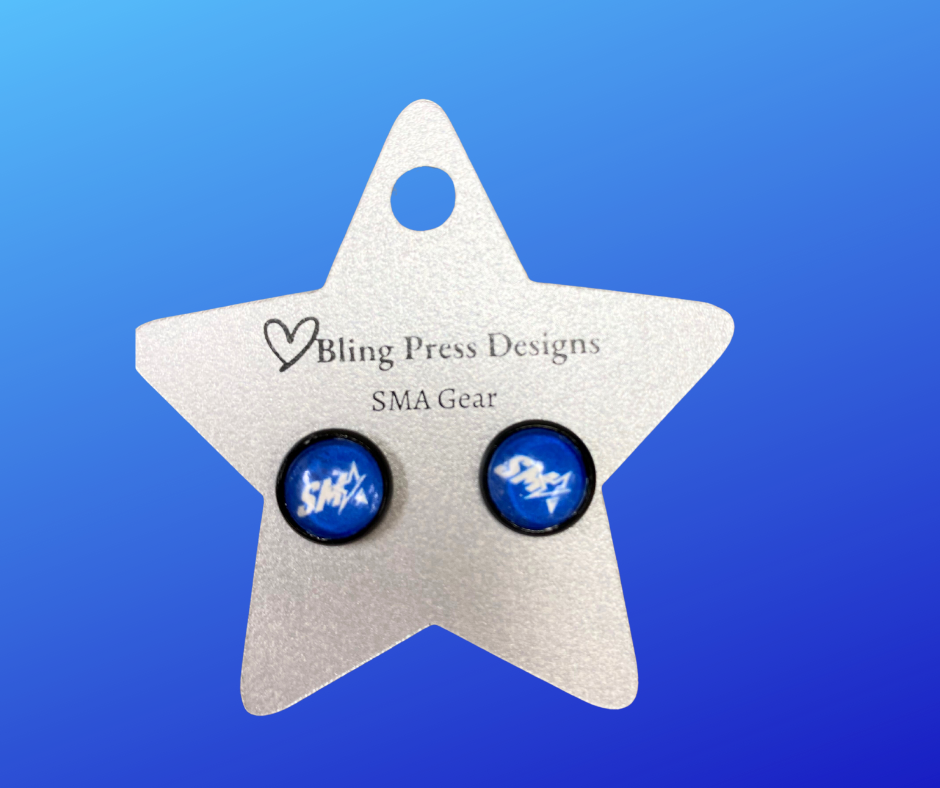 "10mm cabochon earrings featuring a smooth, polished design with an SMA logo detail."