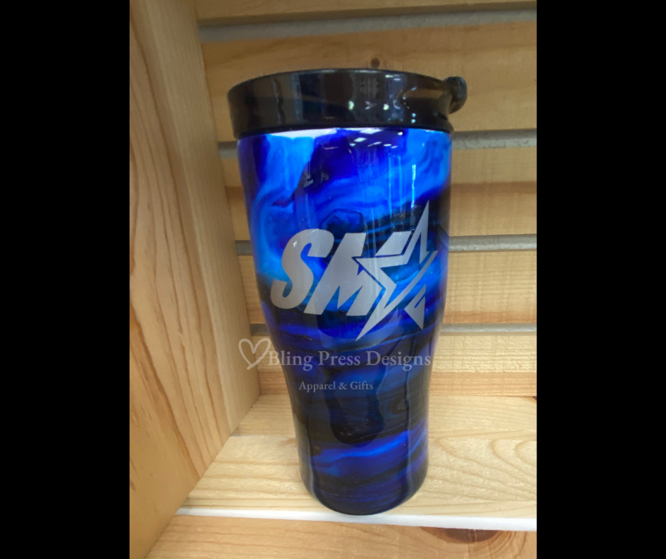 A **SMA Swirl Epoxied Modern Curved Tumbler** featuring a vibrant swirl design and the **SMA** logo, finished with a smooth epoxy coating for durability and shine. Perfect for keeping drinks at the ideal temperature while showcasing school pride.