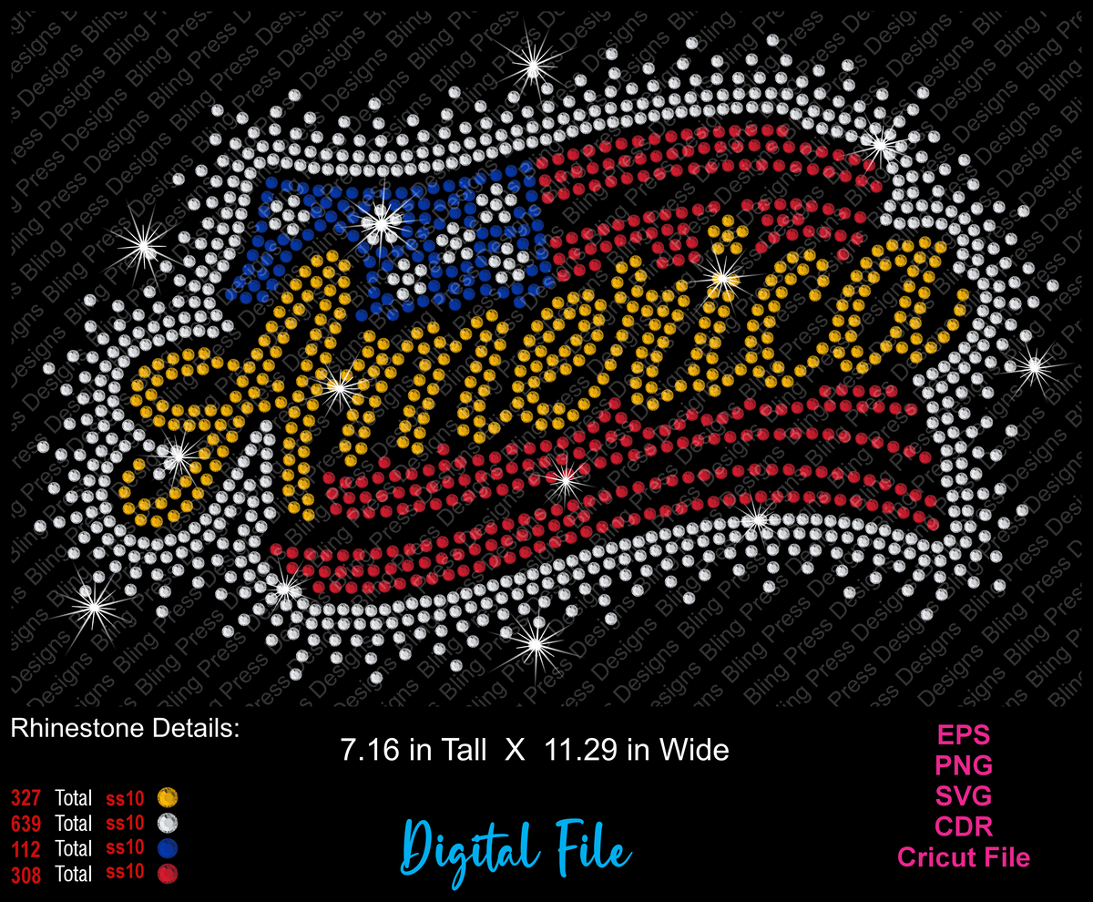 Digital preview of a rhinestone-style 'America' graphic with an American flag design on a black background, showing file details and pricing text. The lettering and flag are made of simulated rhinestones in yellow, red, blue, white, and silver, with starburst accents.