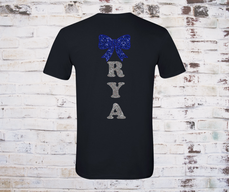 **"Black D2 Summit T-shirt featuring a sparkling rhinestone logo on the front, and glitter vinyl name and cheer bow on the back, laid flat to show unisex fit and shimmer detail."**