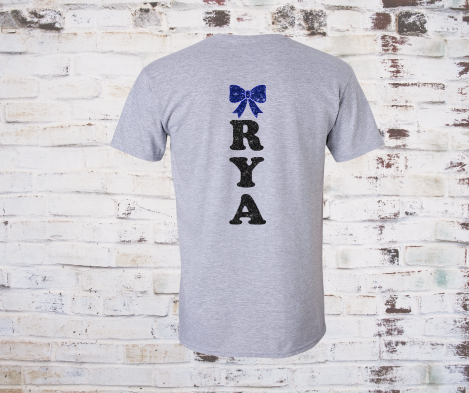 **"Sport Grey D2 Summit T-shirt featuring a sparkling rhinestones on the front and glitter vinyl name with bow on the back,  laid flat to show unisex fit and shimmer detail."**