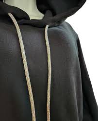 A crystal AB sparkling bling hoodie cord featuring rhinestone-studded details on a black hoodie