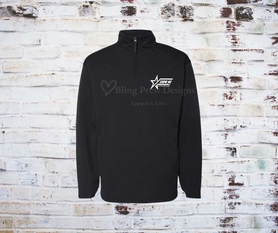 A Men's Performance Fleece Pullover made from soft, moisture-wicking fabric, featuring a Show Me Athletics logo on the chest. Designed for comfort, warmth, and movement, perfect for athletic activities or casual wear.