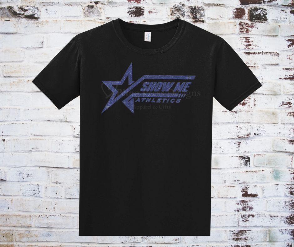 Black tee with a royal blue glitter "Show Me Athletics" logo.