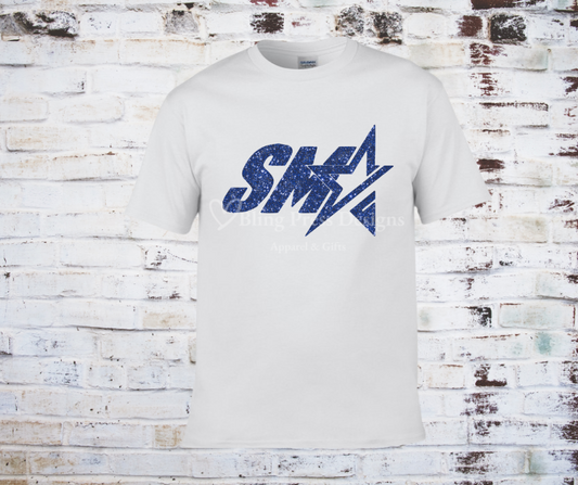 White tee with a royal blue glitter "SMA" logo.