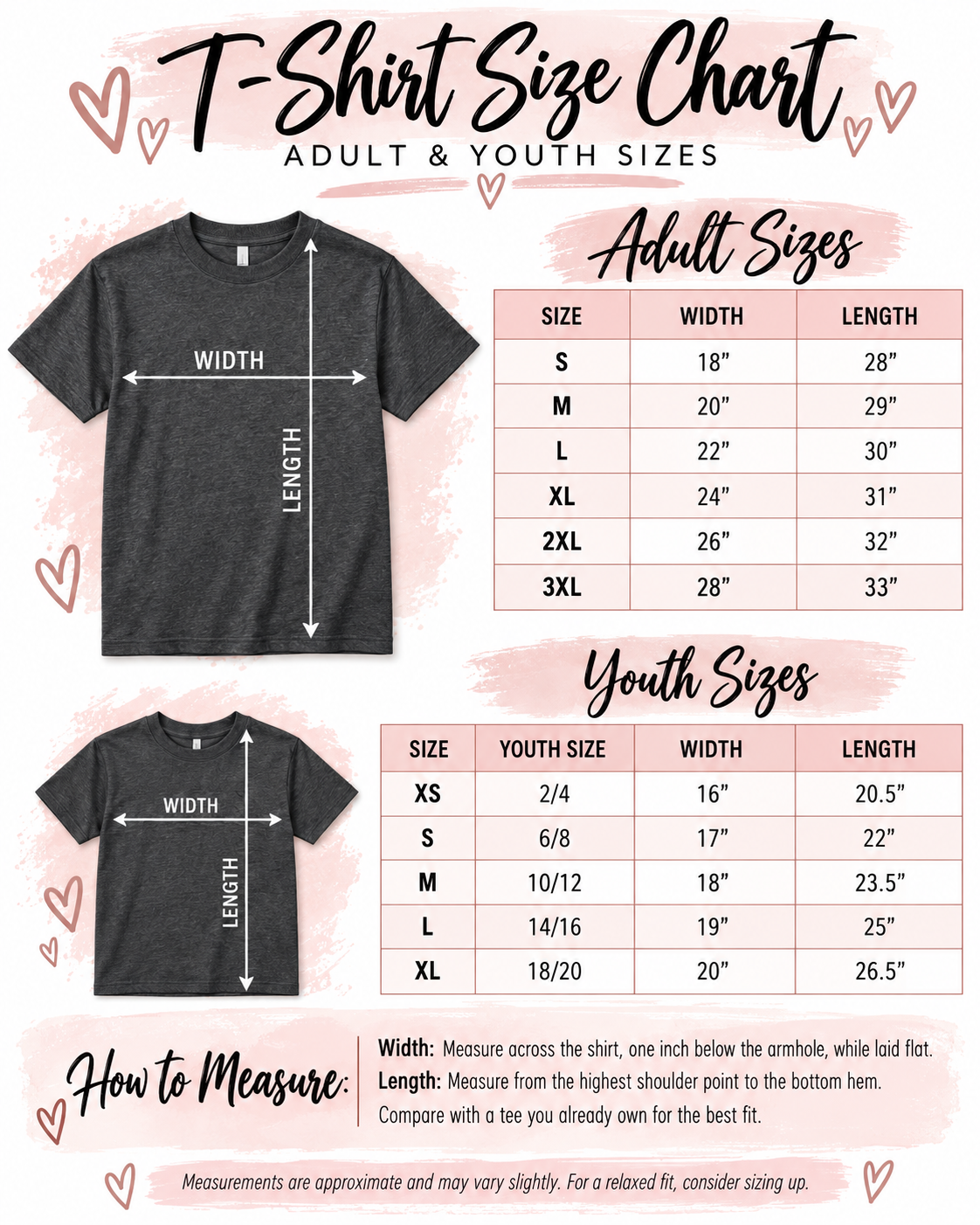 A T-shirt size chart graphic showing adult and youth size tables, measurement arrows on a dark heather gray T-shirt, and a 'How to Measure' section on a light pink background.
