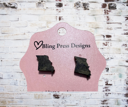 Missouri-shaped wood stud earrings, crafted from lightweight natural wood with a laser-cut design and hand painted with green camo pattern.
