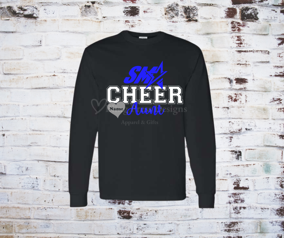 A black "Cheer Aunt" long sleeve tee with a bold glitter vinyl design, featuring sparkling lettering on soft, breathable fabric. Perfect for showing off cheerleading pride with a stylish, eye-catching touch.