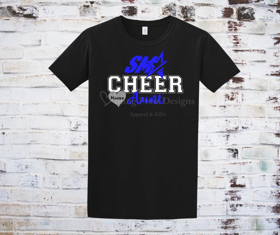A black "Cheer Aunt" tee with a bold glitter vinyl design, featuring sparkling lettering on soft, breathable fabric. Perfect for showing off cheerleading pride with a stylish, eye-catching touch.