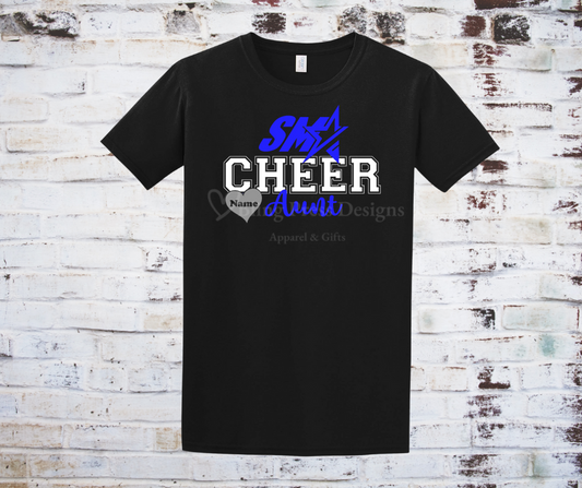 A black "Cheer Aunt" tee with a bold glitter vinyl design, featuring sparkling lettering on soft, breathable fabric. Perfect for showing off cheerleading pride with a stylish, eye-catching touch.