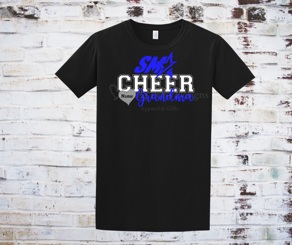 A black "Cheer Grandma" tee with a bold glitter vinyl design, featuring sparkling lettering on soft, breathable fabric. Perfect for showing off cheerleading pride with a stylish, eye-catching touch.