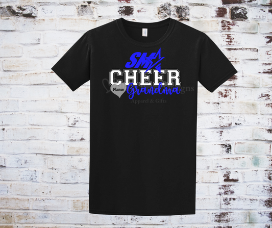 A black "Cheer Grandma" tee with a bold glitter vinyl design, featuring sparkling lettering on soft, breathable fabric. Perfect for showing off cheerleading pride with a stylish, eye-catching touch.