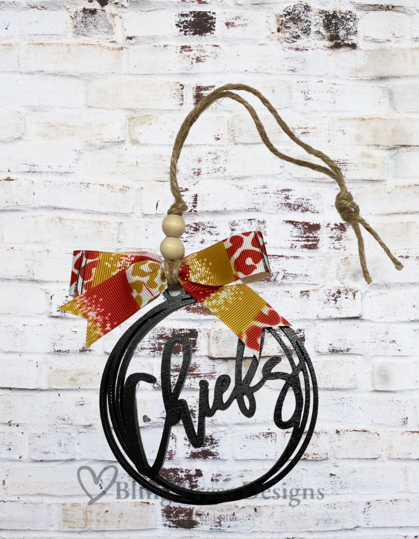 "4-inch Chiefs wood laser-cut car charm with team-colored red and yellow bow, hanging decoration showing Chiefs word
