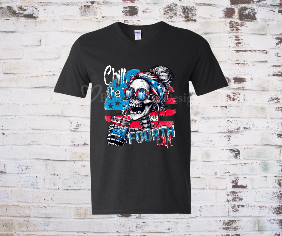 Skeleton wearing patriotic sunglasses and holding a drink, with the phrase "Chill the Fourth Out" on a festive Fourth of July graphic tee.