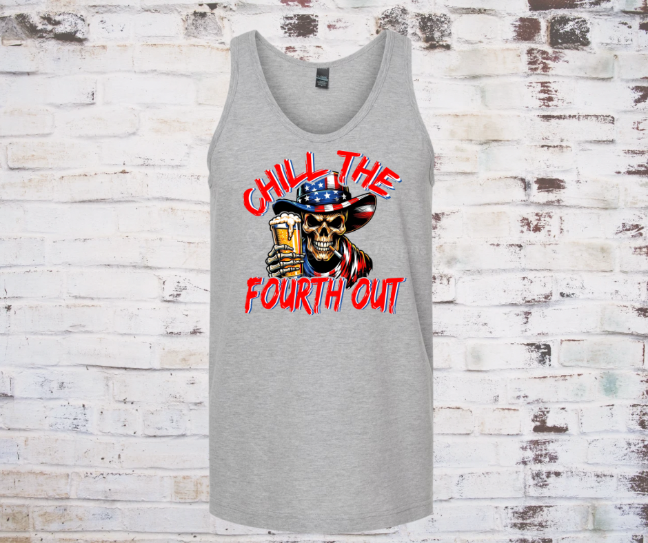 Skeleton wearing patriotic cowboy hat and holding a drink, with the phrase "Chill the Fourth Out" on a festive Fourth of July grey graphic tank.