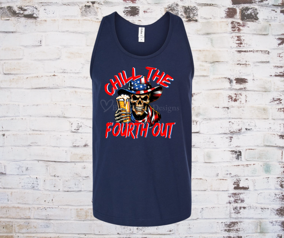 Skeleton wearing patriotic cowboy hat and holding a drink, with the phrase "Chill the Fourth Out" on a festive Fourth of July navy blue graphic tank.