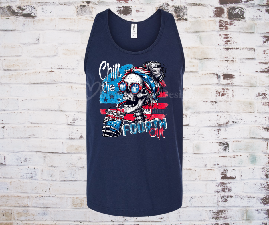 Skeleton wearing patriotic sunglasses and holding a drink, with the phrase "Chill the Fourth Out" on a festive Fourth of July graphic tank.