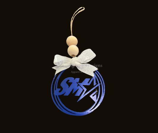 Close up of A Laser Printed Wood SMA Car Charm, featuring a precision-engraved SMA design on natural wood and hand painted. Lightweight and durable, perfect for adding a rustic yet stylish touch to any vehicle