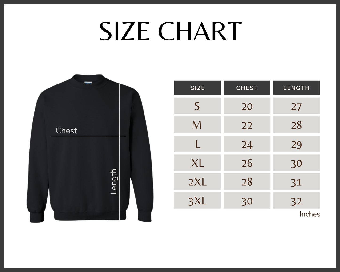 A table showing clothing size measurements for different body dimensions, including chest, waist, and hip measurements for each size from small to 3 extra large.