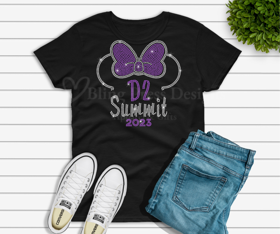 **"Black Minnie Ears D2 Summit T-shirt featuring a sparkling rhinestones on the front, laid flat to show unisex fit and shimmer detail."**