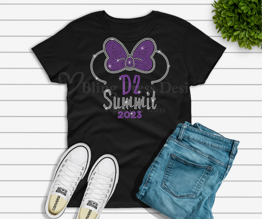 **"Black Minnie Ears D2 Summit T-shirt featuring a sparkling rhinestones on the front, laid flat to show unisex fit and shimmer detail."**