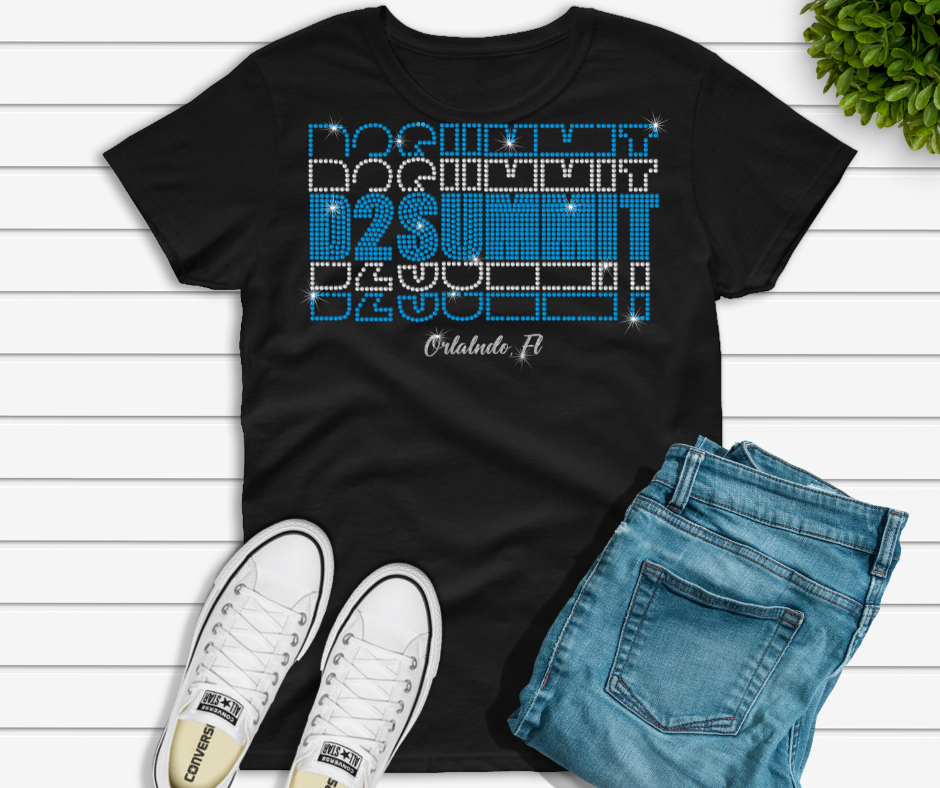 **"Black D2 Summit T-shirt featuring a sparkling rhinestone logo on the front, laid flat to show unisex fit and shimmer detail."**