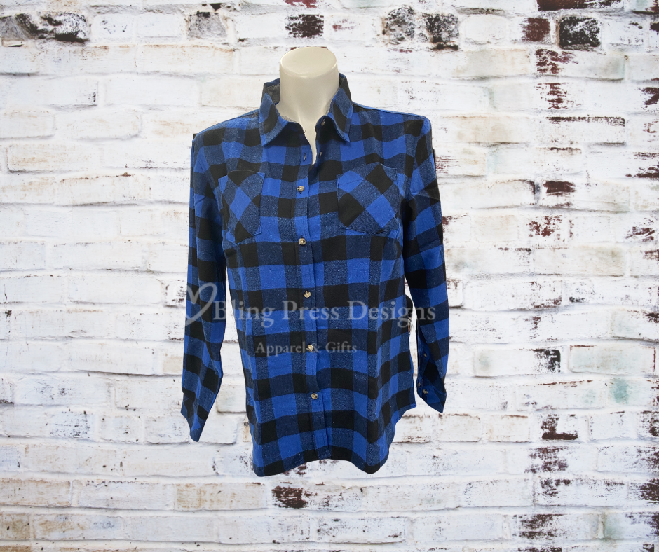 The front of A SMA Flannel Long Sleeve Shirt featuring a glitter vinyl SMA logo and a sparkling rhinestone spray design. Made from soft, high-quality flannel for a stylish and comfortable look, perfect for layering and showcasing school spirit.