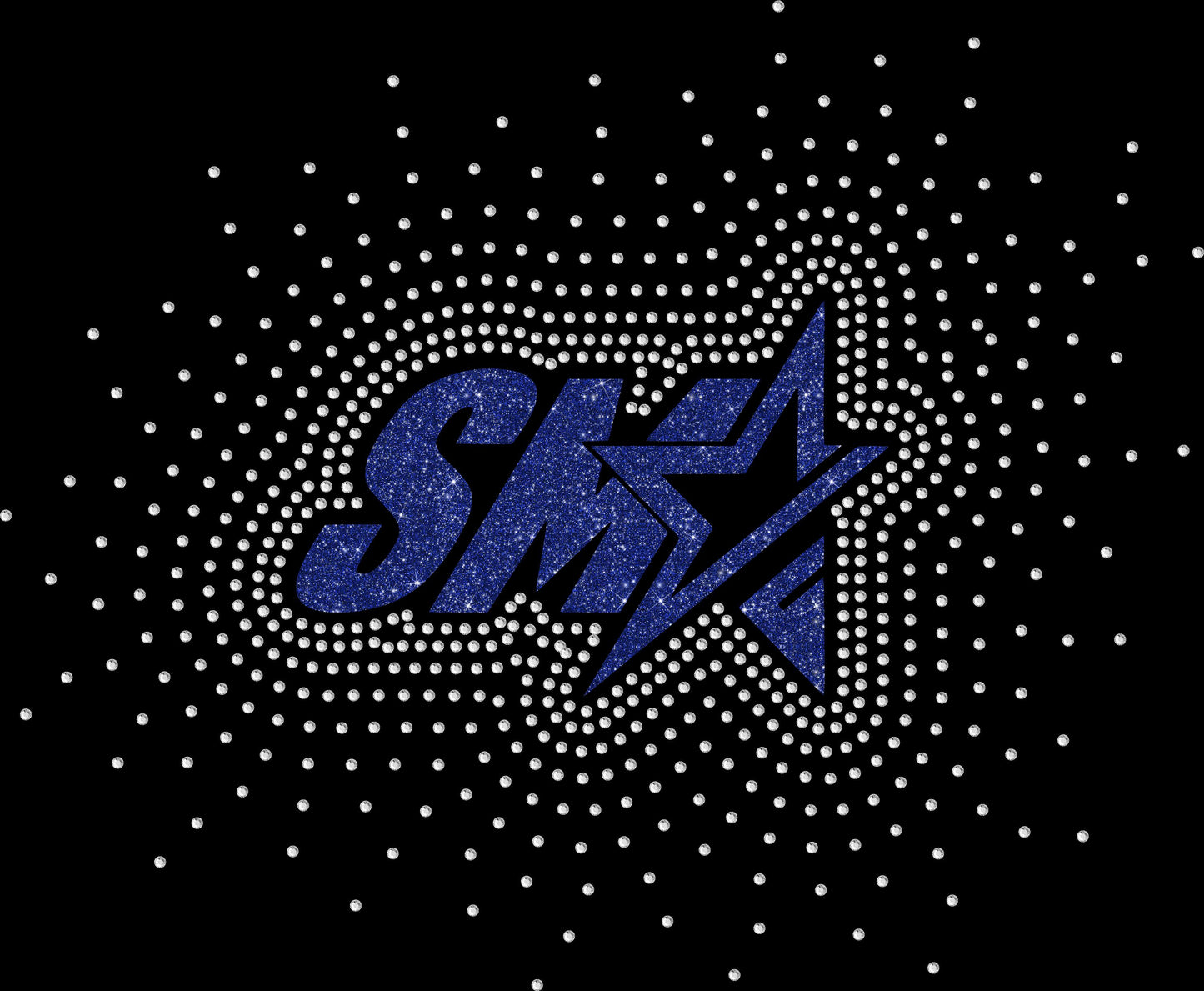 Close-up  of a rhinestone spray with 
 glitter SMA logo inside, showcasing the sparkling rhinestones and detailed design