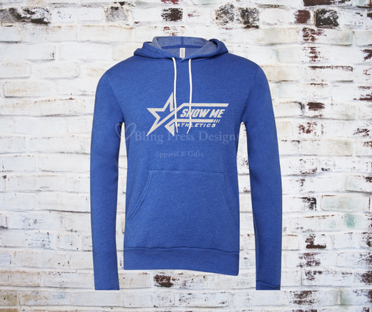 A heathered blue soft and cozy hoodie featuring a white glitter "Show Me" logo, designed with a relaxed fit, front pocket, and adjustable drawstring hood.