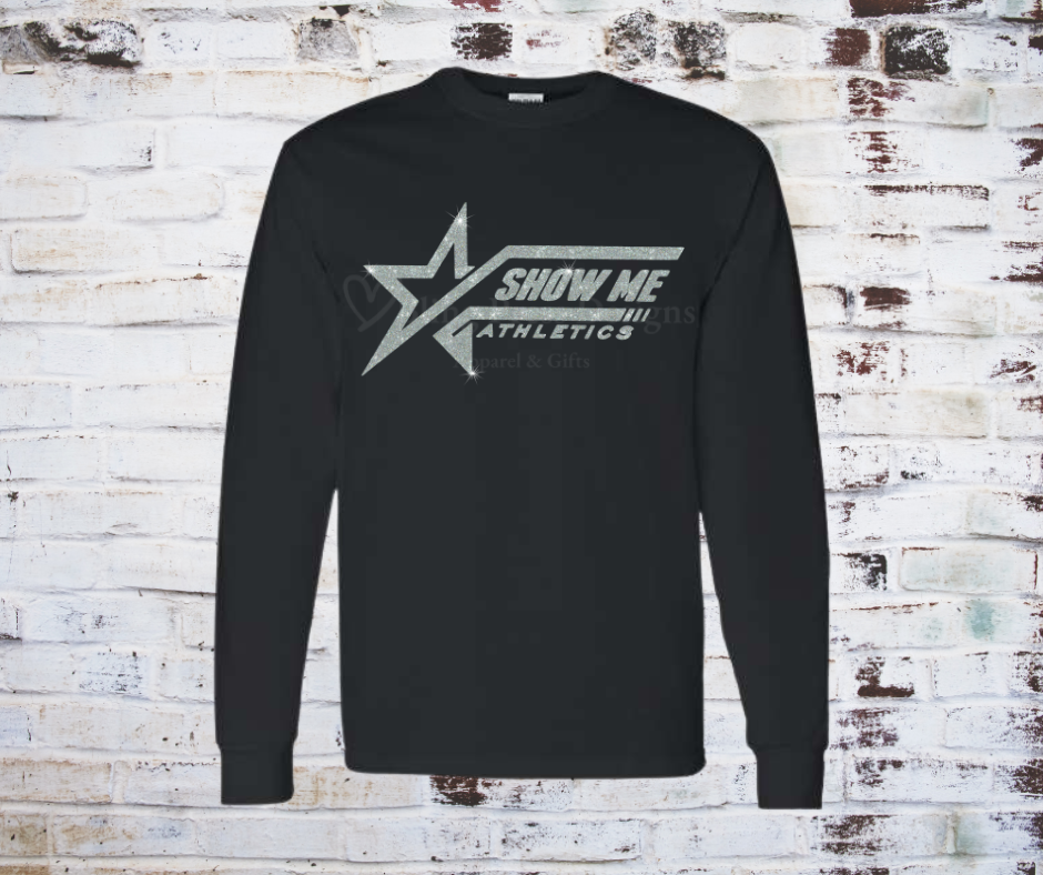Black long sleeve tee with a silver glitter "Show Me Athletics" logo.