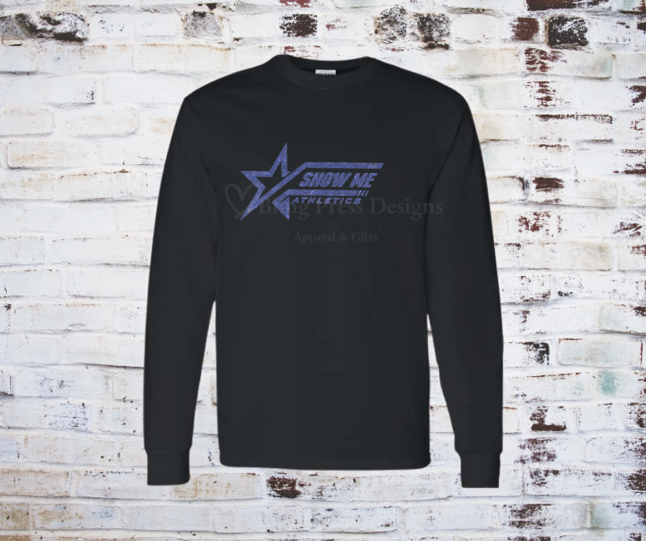 Black Long Sleeve tee with a royal blue glitter "Show Me Athletics" logo.