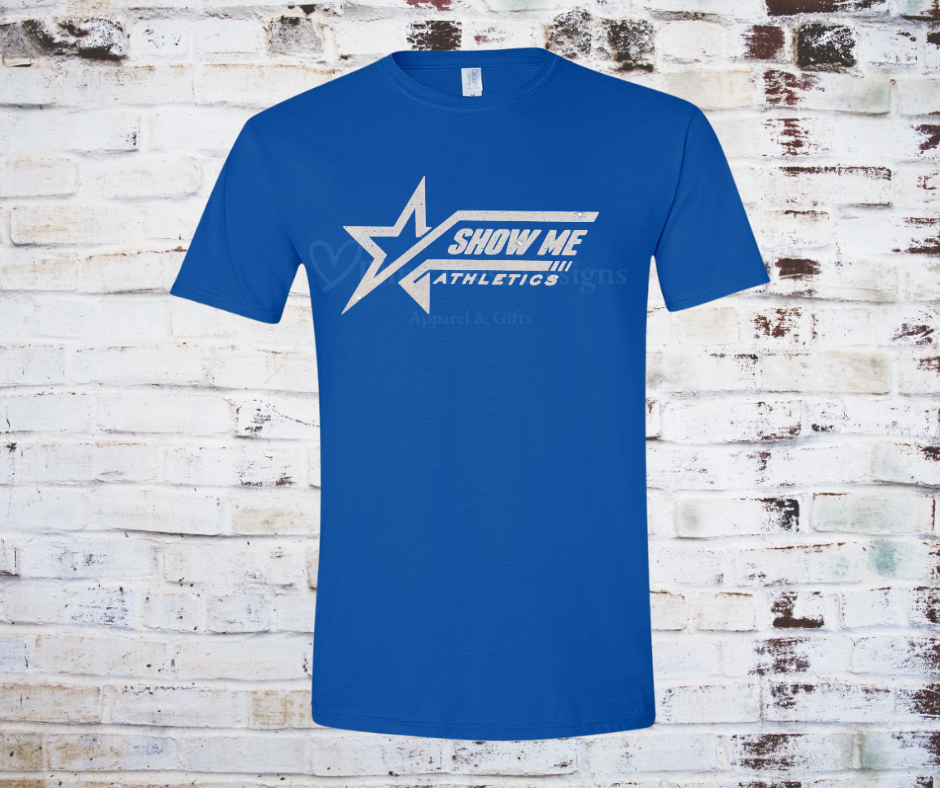 Royal Blue tee with a white glitter "Show Me Athletics" logo.
