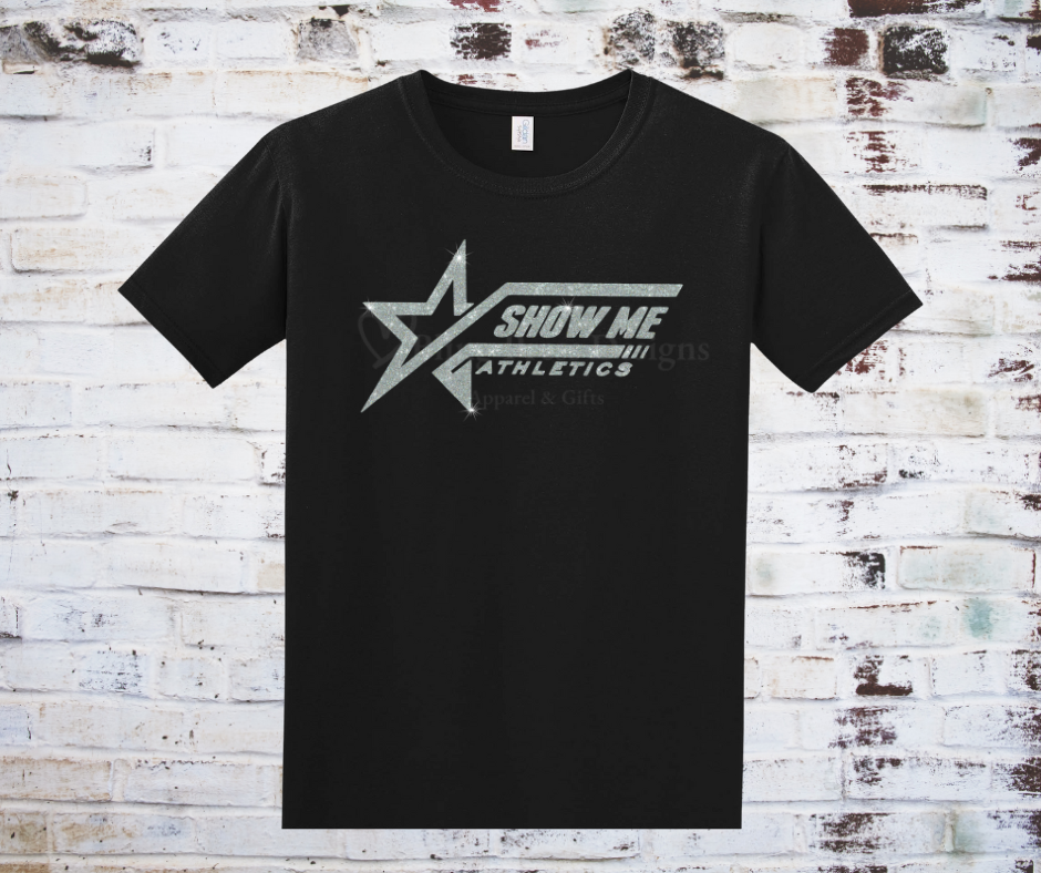 White tee with a silver glitter "Show Me Athletics" logo.