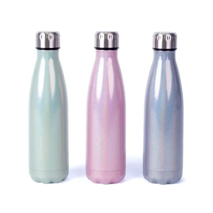 A sleek stainless steel water bottle with a vibrant glitter finish, designed to keep drinks hot or cold for hours, featuring a leak-proof lid for easy portability.