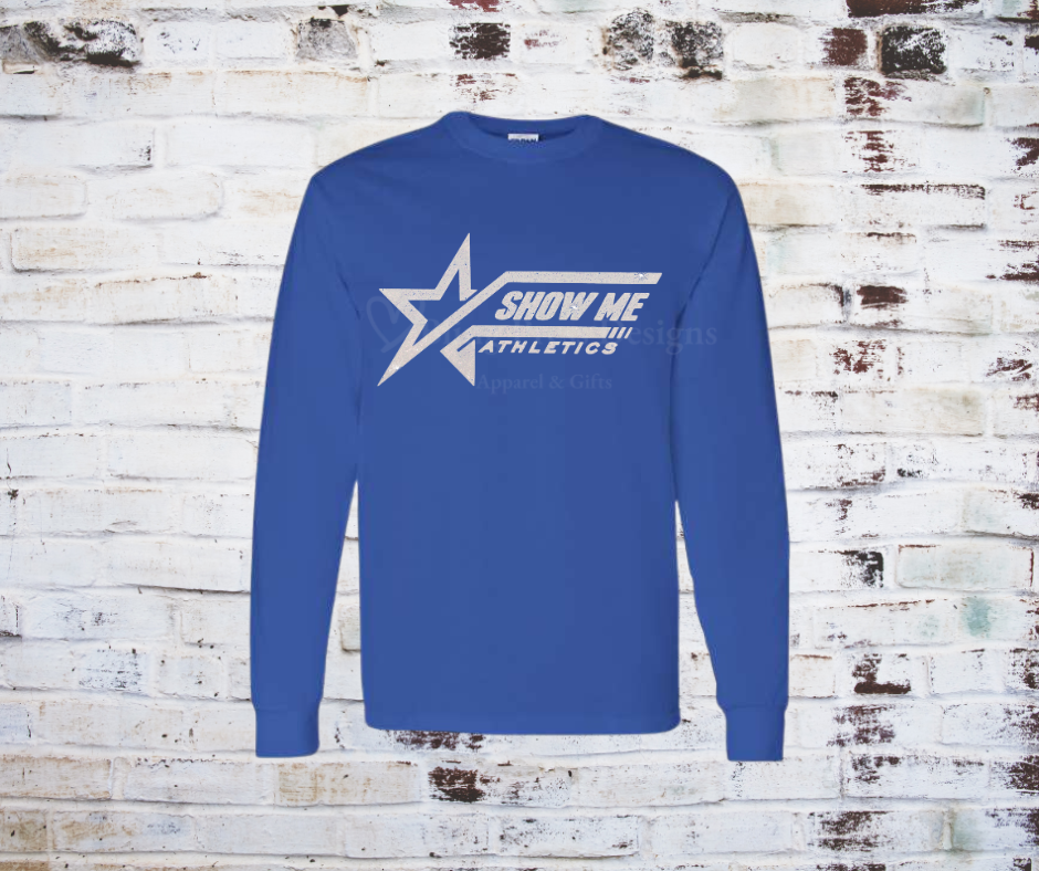 Royal Blue long sleeve tee with a white glitter "Show Me Athletics" logo.