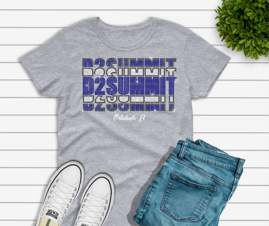 **"Sport Grey D2 Summit T-shirt featuring a sparkling rhinestones on the front, laid flat to show unisex fit and shimmer detail."**