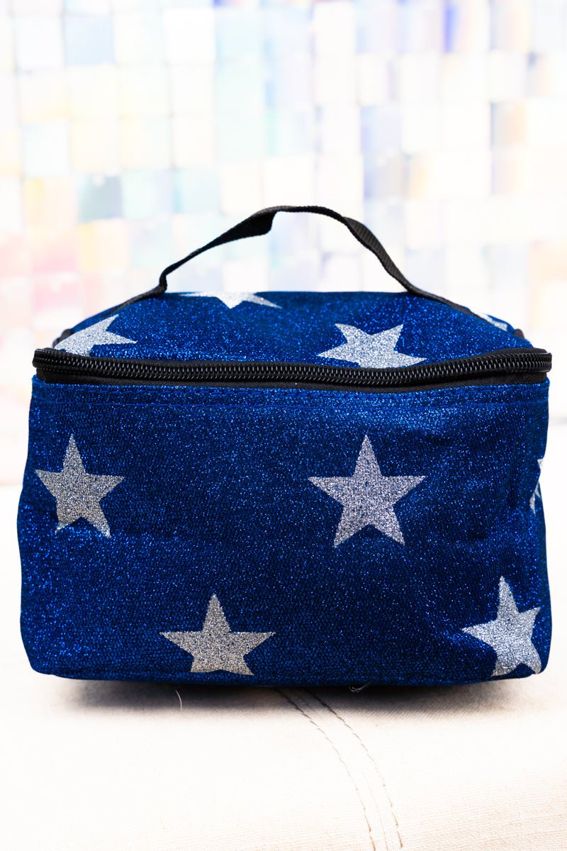 Handled Blue glitter glam bag with sparkling stars scattered across the surface, creating a shimmering and festive look.