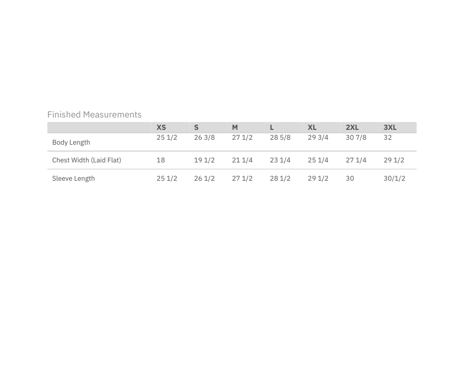 A table showing clothing size measurements for different body dimensions for each size from small to 3 extra large.