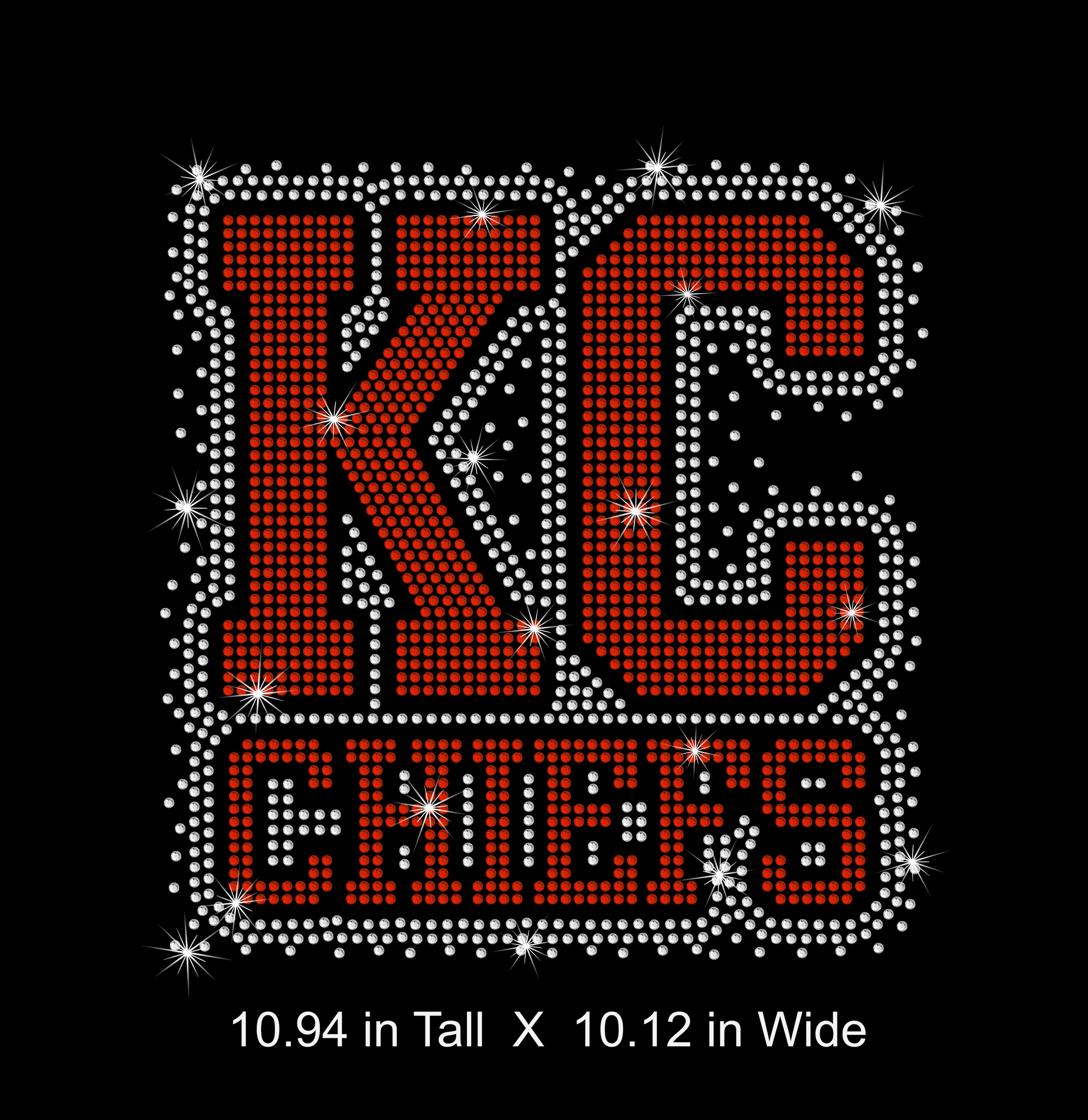 KC Chiefs rhinestone design size mockup on a black background
