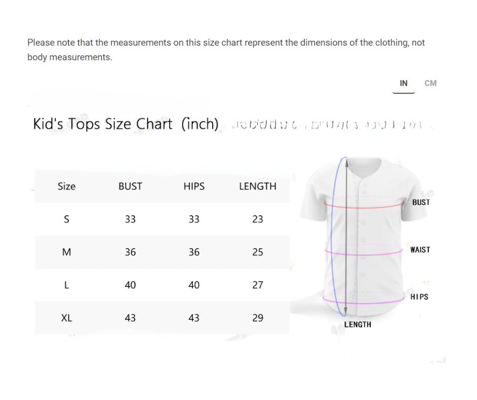 A table showing clothing size measurements for different body dimensions for each size from small to extra large.