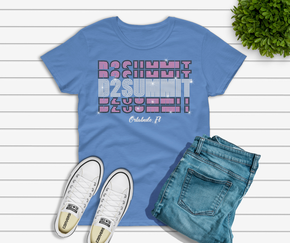 **"Light Blue D2 Summit T-shirt featuring a sparkling rhinestones on the front, laid flat to show unisex fit and shimmer detail."**
