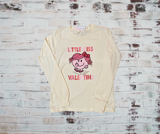 A cute and cozy long sleeve tee featuring a "Little Miss Valentine" design, made from soft fabric, perfect for kids to celebrate Valentine's Day in style.