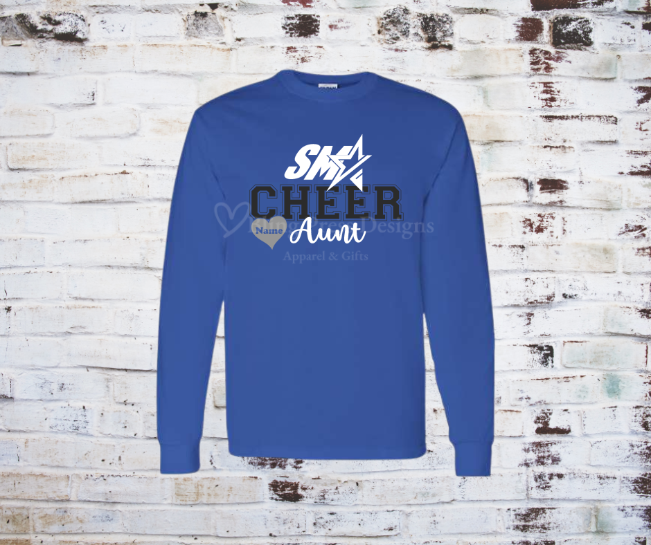 A royal blue "Cheer Aunt" long sleeve tee with a bold glitter vinyl design, featuring sparkling lettering on soft, breathable fabric. Perfect for showing off cheerleading pride with a stylish, eye-catching touch.