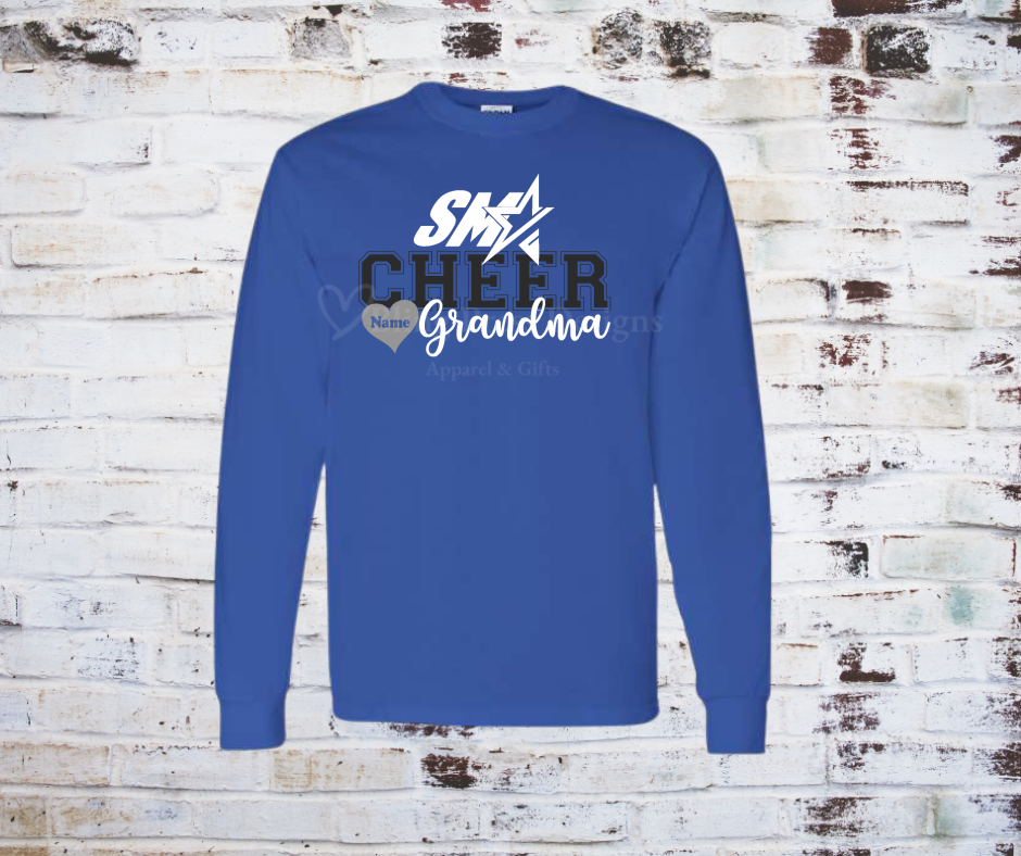 A royal Blue long sleeve "Cheer grandma" tee with a bold glitter vinyl design, featuring sparkling lettering on soft, breathable fabric. Perfect for showing off cheerleading pride with a stylish, eye-catching touch.