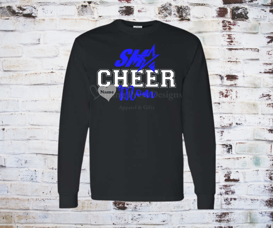 A black "Cheer Mom" tee with a bold glitter vinyl design, featuring sparkling lettering on soft, breathable fabric. Perfect for showing off cheerleading pride with a stylish, eye-catching touch.