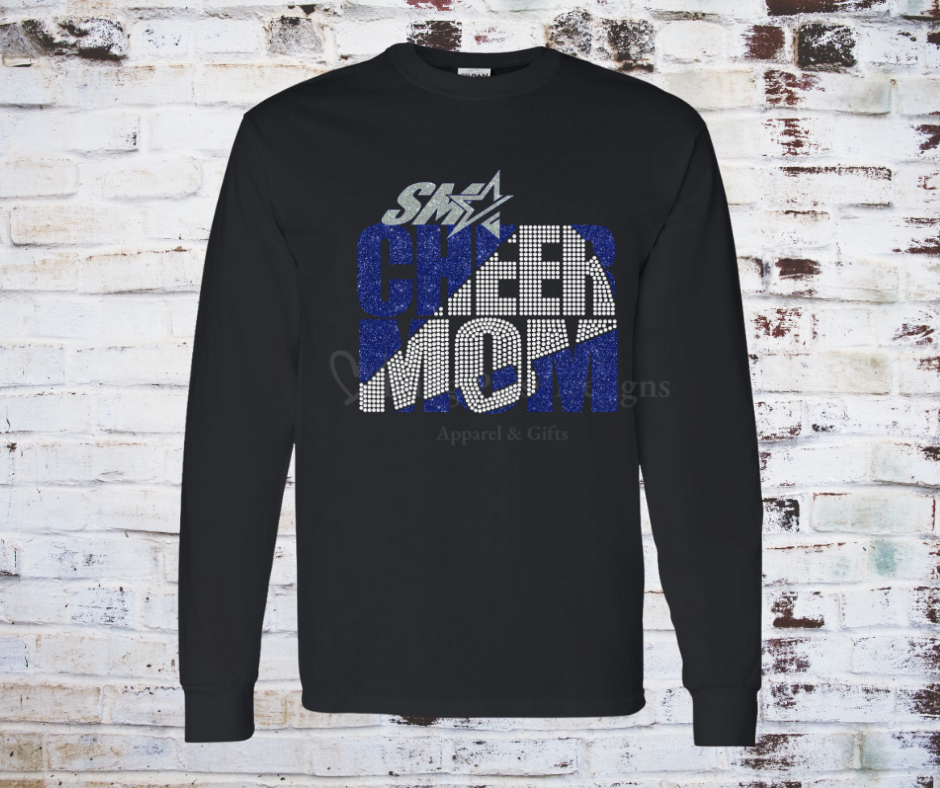 A Rhinestone and Glitter Vinyl Cheer Mom Tee, featuring a sparkling Cheer Mom design with glitter vinyl and rhinestone accents. Made from soft, breathable fabric for a stylish and comfortable look at cheer events or everyday wear.