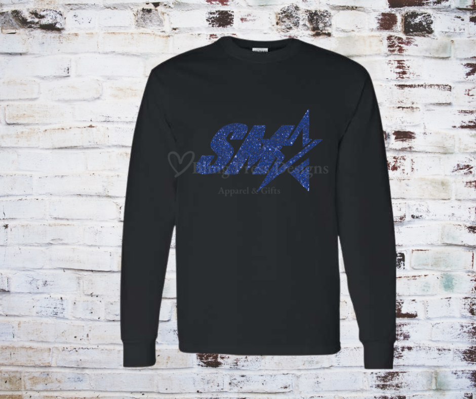 Black long sleeve tee with a royal blue glitter "SMA" logo.