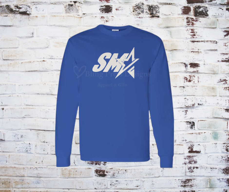 Royal Blue long sleeve tee with a white glitter "SMA" logo.