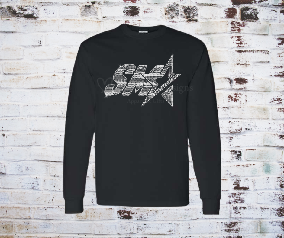 An SMA Rhinestone long sleeve Tee, featuring a bold logo adorned with shimmering rhinestones on soft, high-quality fabric.