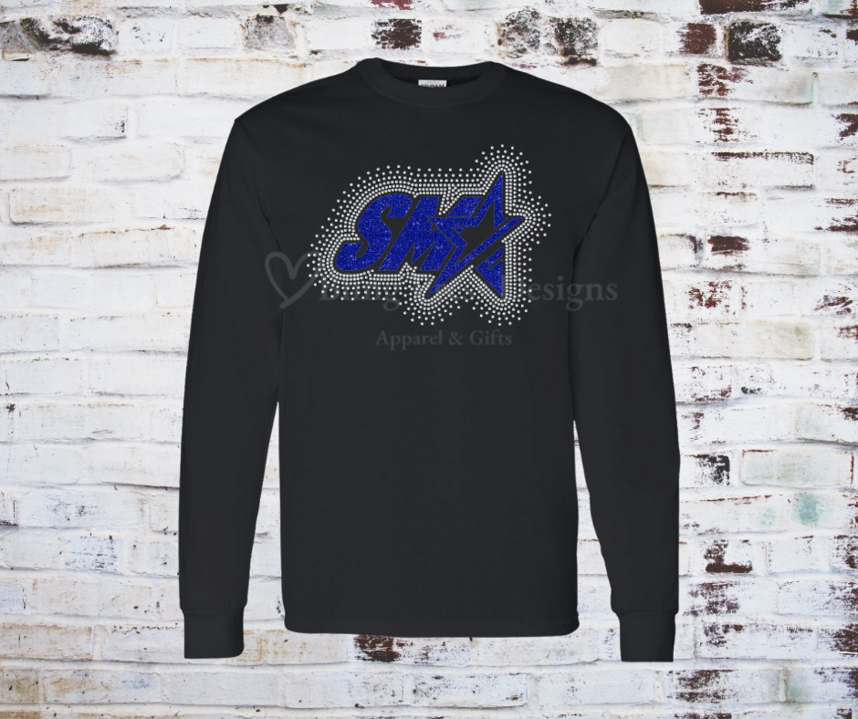 A SMA Glitter Logo with Rhinestone Scatter Design, featuring a glitter vinyl logo with scattered rhinestones for added sparkle and dimension.